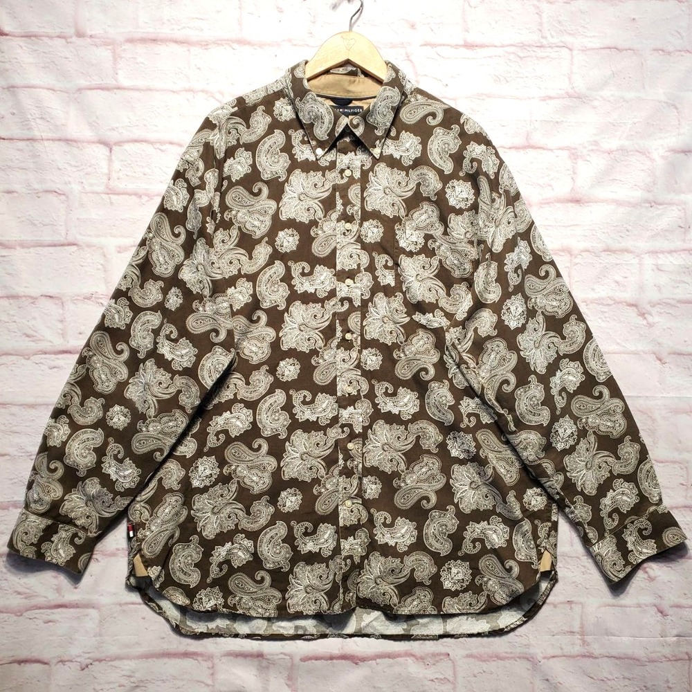 Tommy Hilfiger Y2K Paisley Button Down Shirt Mens 2XL Brown Long Sleeve Cotton